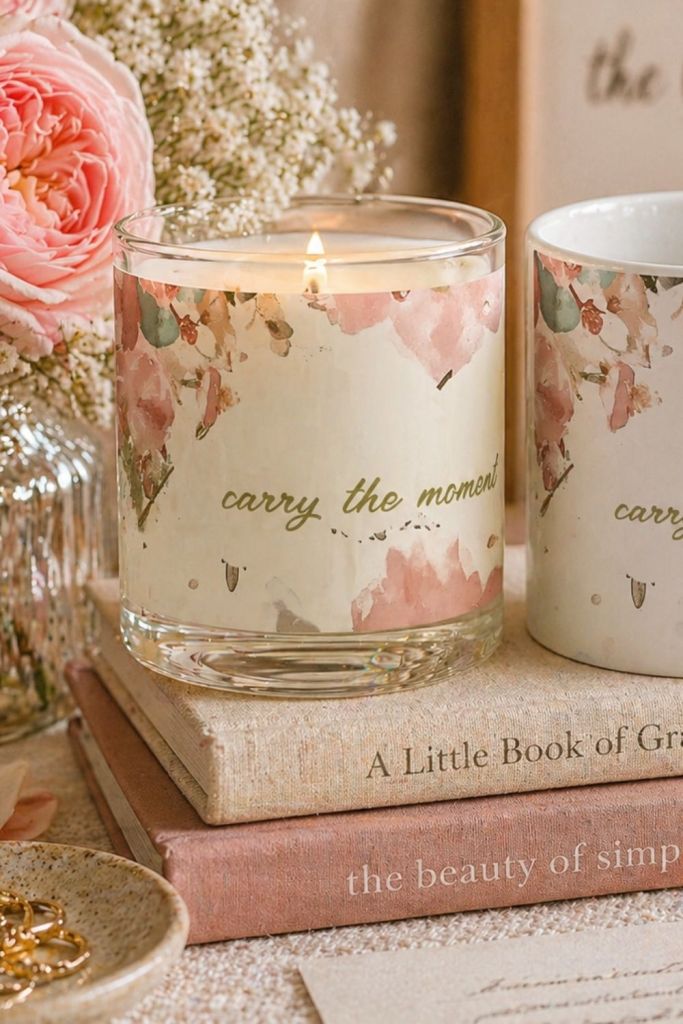 Blush floral candle and matching mug styled on stacked books with soft pink roses and warm cozy lighting