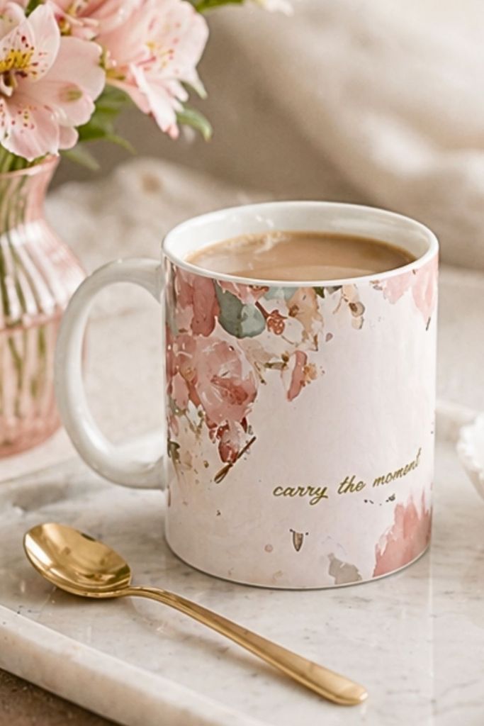 Blush floral coffee mug with watercolor flowers on cozy lace table with notebook and soft pink blooms