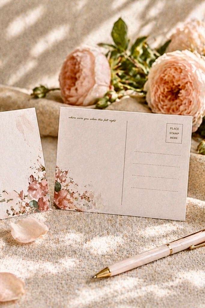 Blush watercolor floral postcard set with soft roses, pink pen, and neutral fabric background
