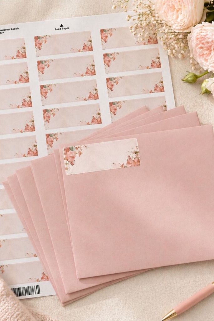 Blush watercolor floral return address labels on pink envelopes with soft roses and neutral styling
