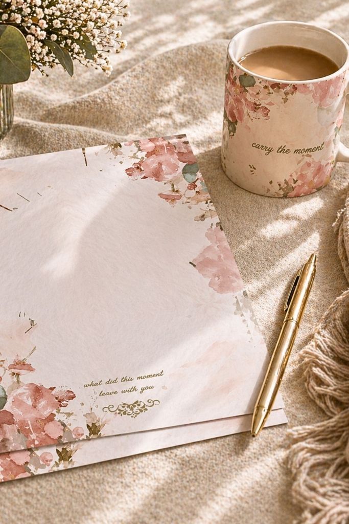 Blush floral stationery with soft watercolor letter paper, gold pen, and matching floral coffee mug on cozy neutral fabric