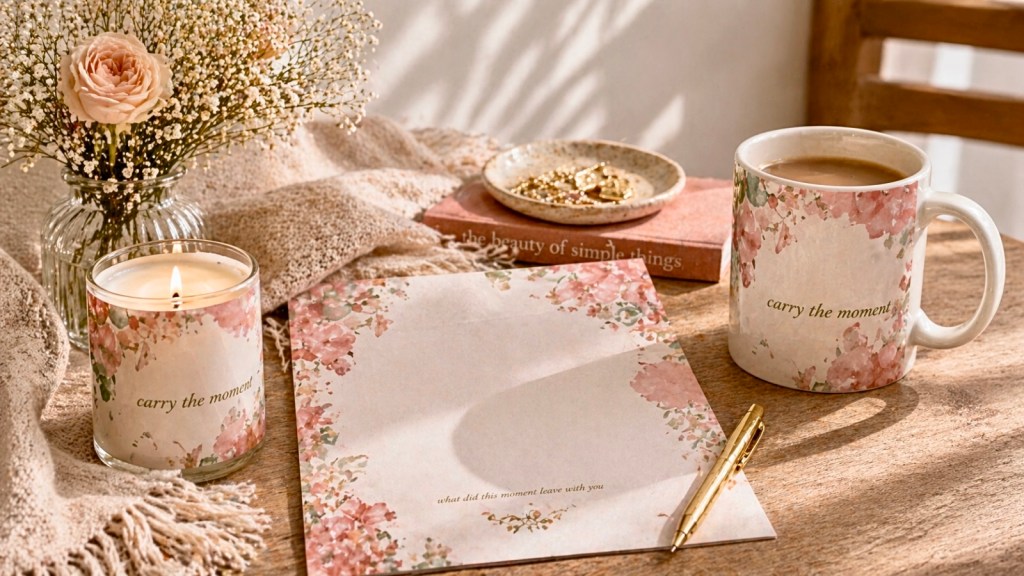 Blush watercolor floral stationery set with candle, mug, and letterhead on a warm wooden table