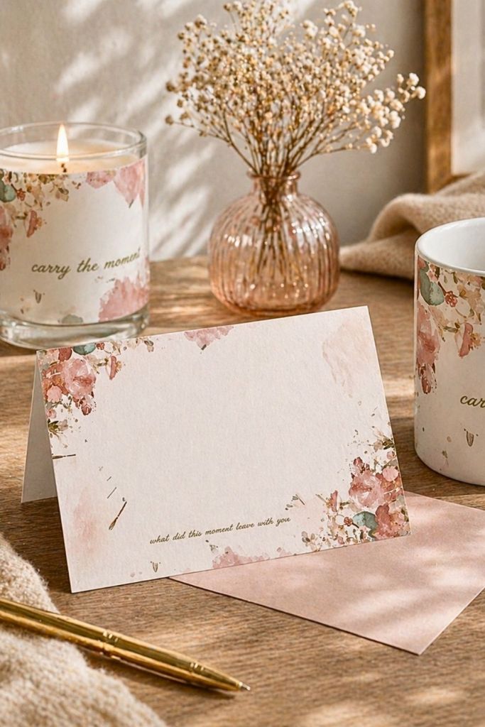 Blush floral thank you card with pink envelope, candle and matching mug styled on wooden table with soft natural light