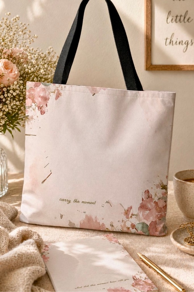 Blush watercolor floral tote bag with soft pink roses and “carry the moment” text, styled with cozy neutral decor