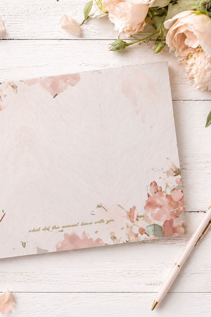 Blush floral notepad with watercolor flowers on white wooden desk with pink pen and soft roses