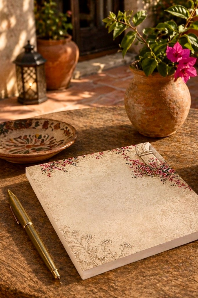 Notepad with vintage stone arch and bougainvillea floral design on a rustic wooden table in a sunlit hacienda courtyard