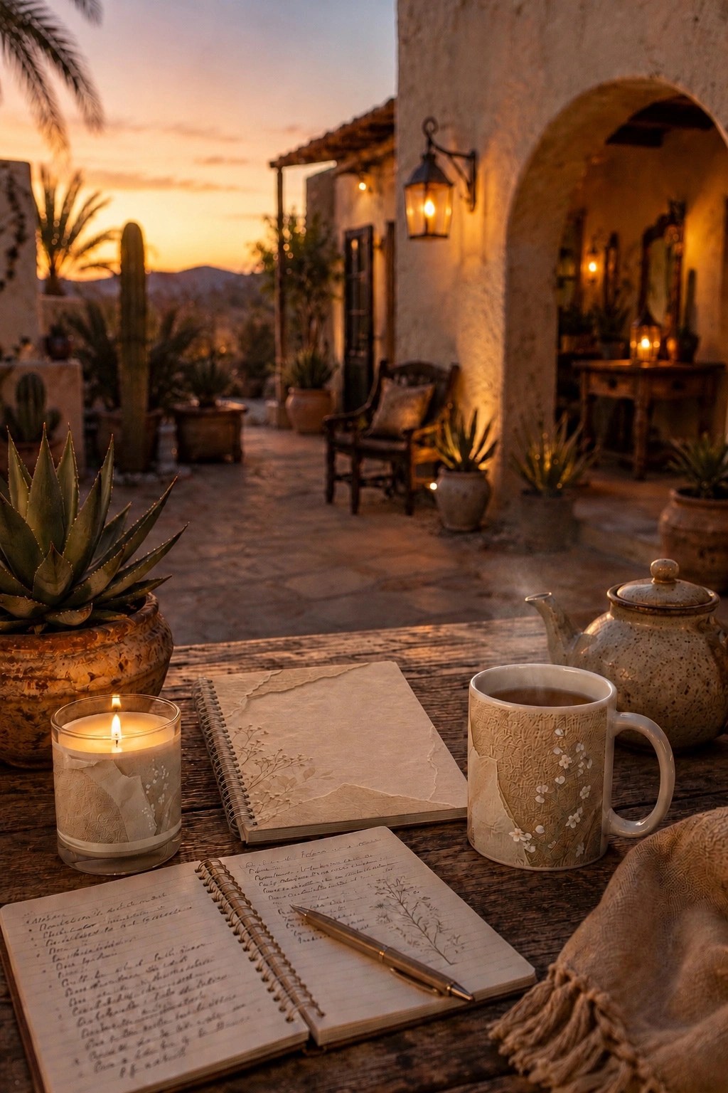 Rustic Baja hacienda patio at sunset with a floral notebook, steaming coffee mug, candle, handwritten journal, and agave plants glowing in warm lantern light.