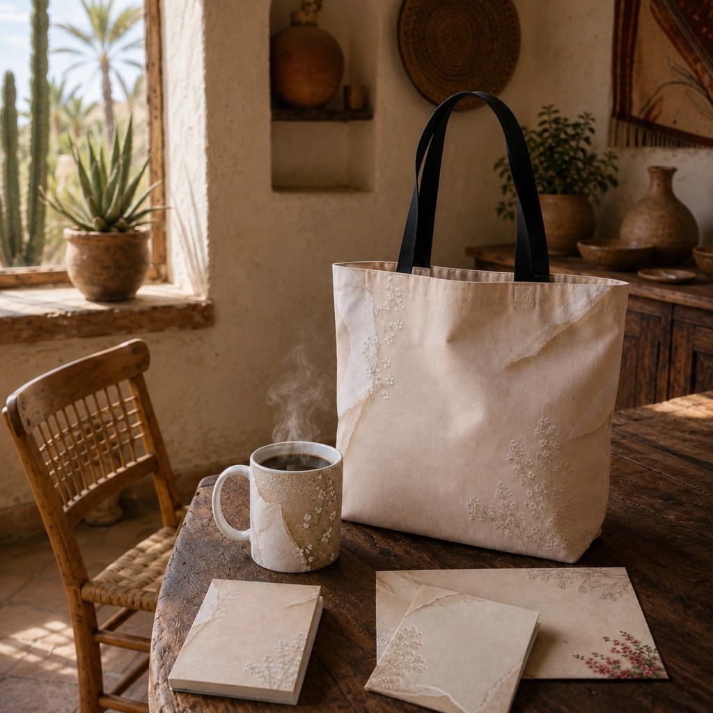 Soft Baja hacienda interior with artisan stationery, a floral tote bag, steaming coffee mug, and handwritten note paper on a rustic wooden table beside a sunlit window.