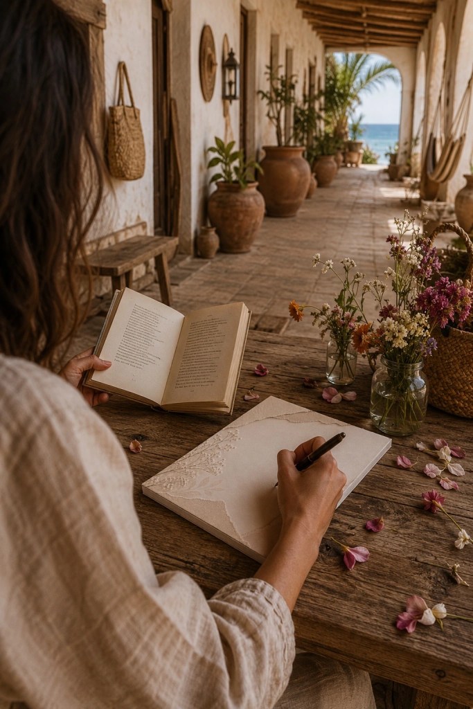 Woman writing on a soft neutral floral notepad while reading poetry at a rustic Baja hacienda corridor with scattered flower petals and ocean light in the background.