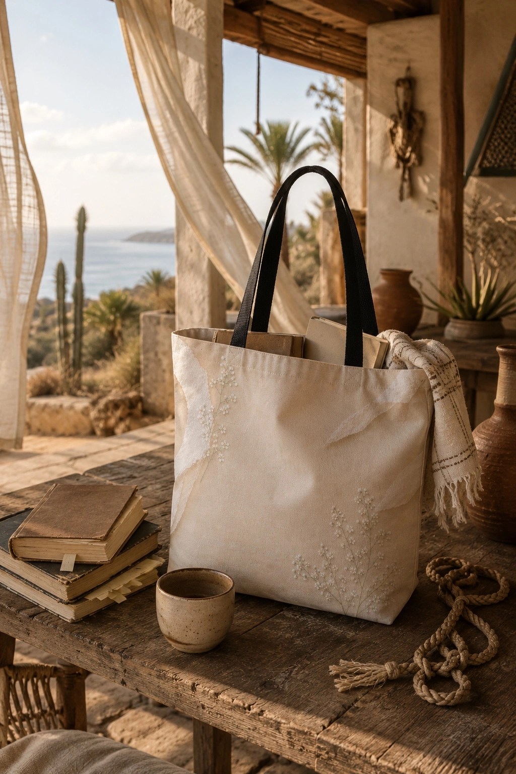 Floral beige tote bag on a rustic Baja hacienda terrace table with worn books, pottery, woven rope details, and a distant ocean view in warm afternoon light.