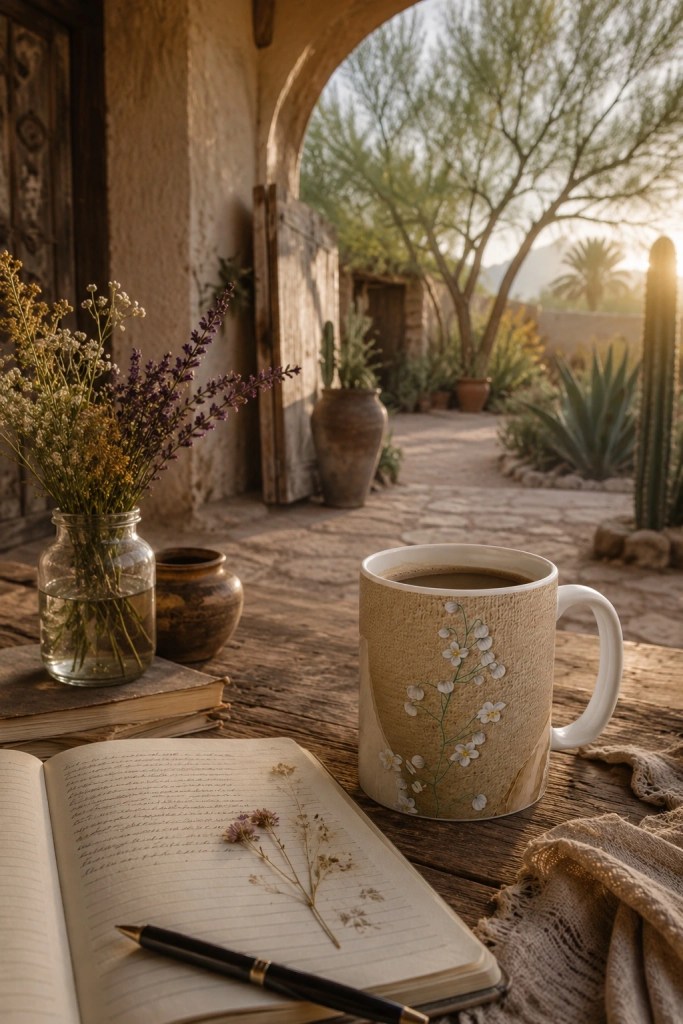 Neutral floral ceramic mug beside an open notebook with pressed flowers in a Baja California Sur hacienda courtyard at sunrise with desert plants, rustic wood, and warm early morning light.