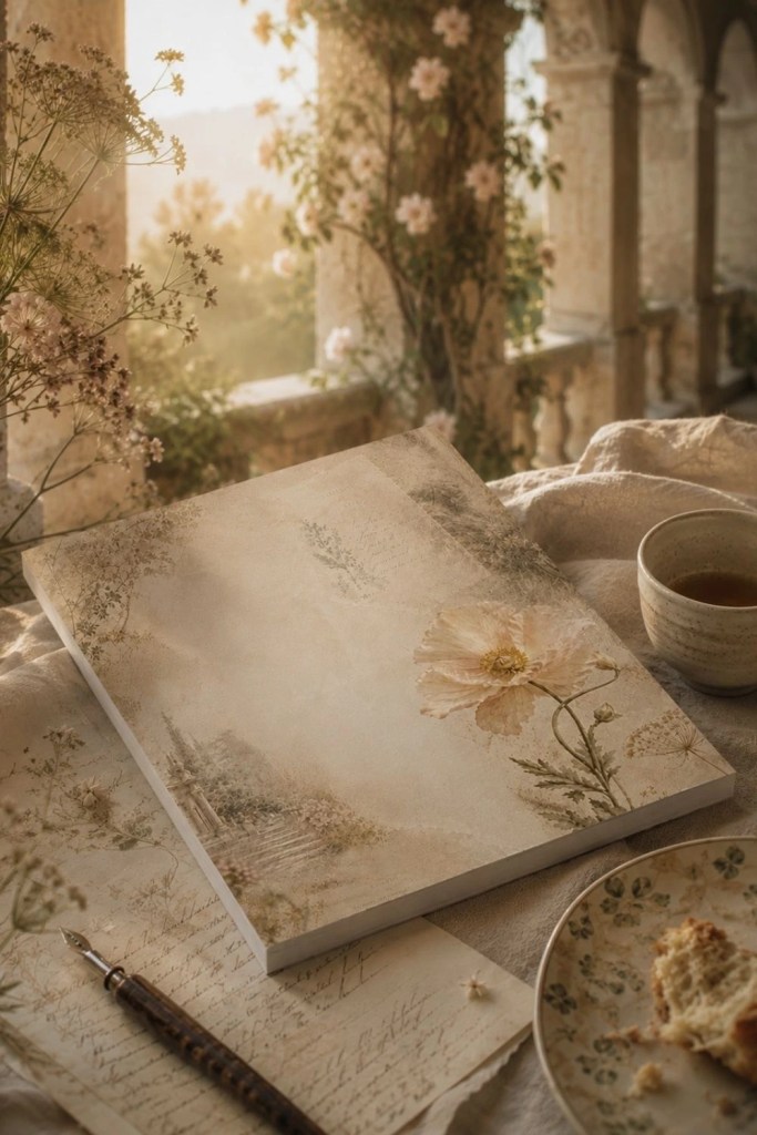 Vintage botanical notepad styled beside coffee and handwritten letters in a romantic Mediterranean terrace setting at sunrise.