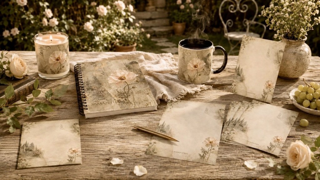 Botanical Vintage Stationery Collection with floral details.