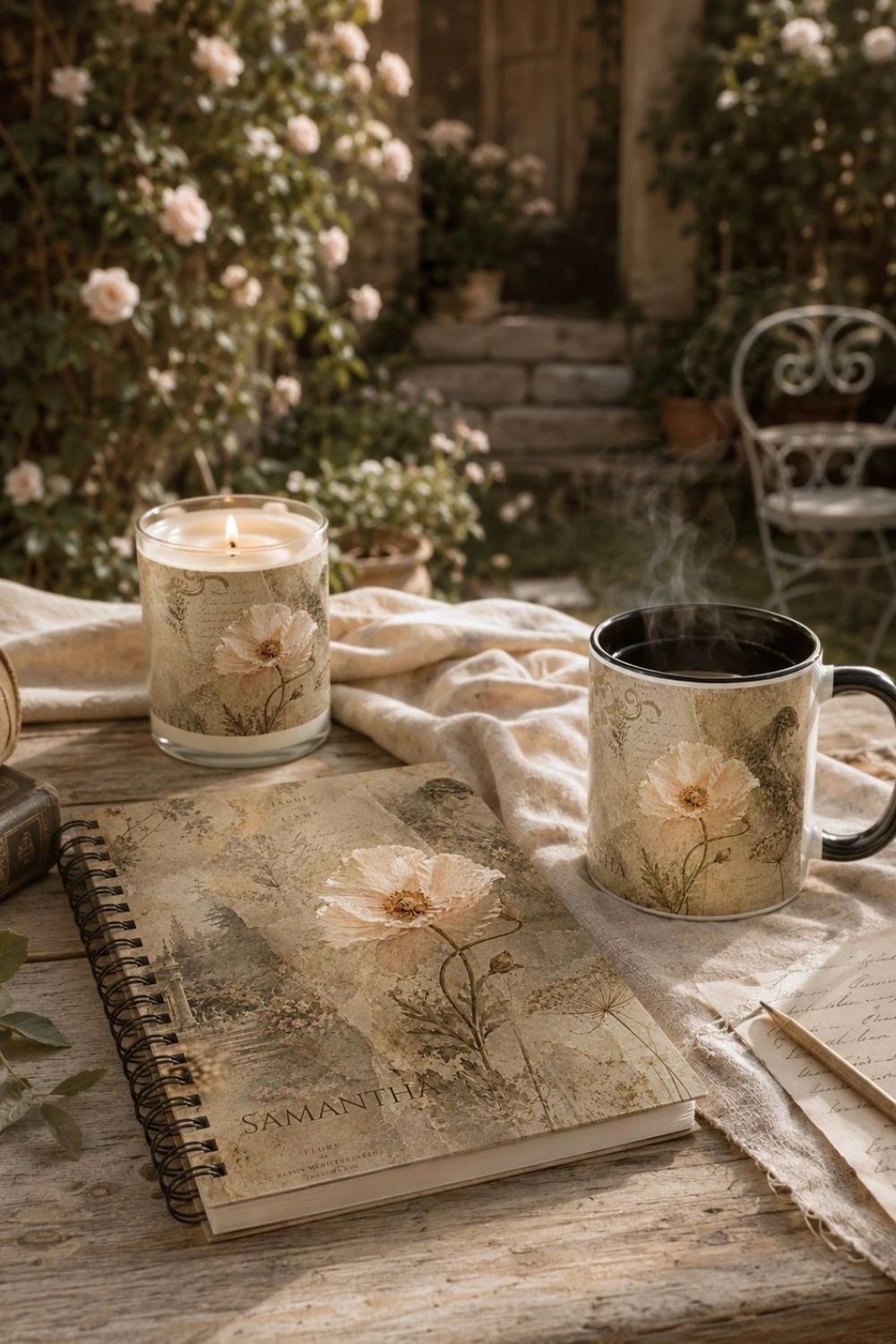 Botanical Vintage Writing Collection styled with a floral notebook, steaming coffee mug, and candle on a rustic garden table with linen fabric and romantic Mediterranean courtyard lighting.