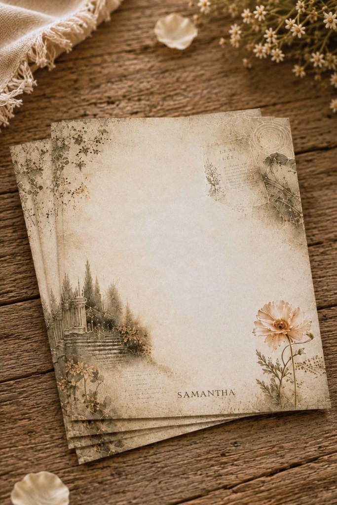 Close-up flat lay of Botanical Vintage Writing Collection notecards styled on a rustic wooden table with soft linen, flower petals, and warm Mediterranean-inspired lighting.