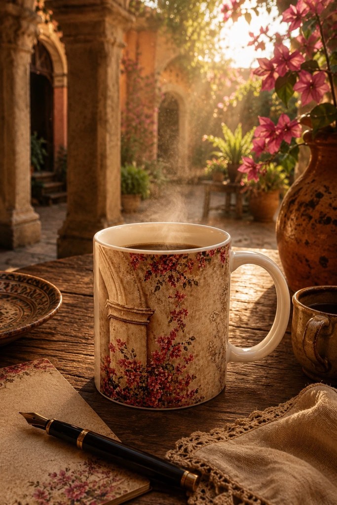 Bougainvillea Writing ceramic mug with floral hacienda design resting on a rustic wooden table in a sunlit San Miguel de Allende courtyard with rising coffee steam and warm morning light.