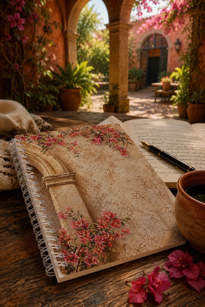Bougainvillea Writing spiral notebook on a rustic wooden table beside coffee and an open journal in a San Miguel de Allende hacienda courtyard.