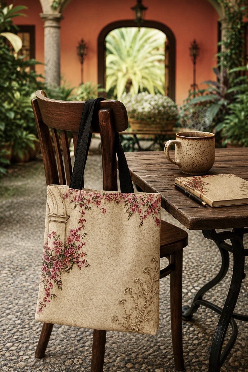 Floral tote bag from the Bougainvillea Writing Collection hanging from a wooden chair beside a rustic hacienda courtyard table with coffee and stationery.