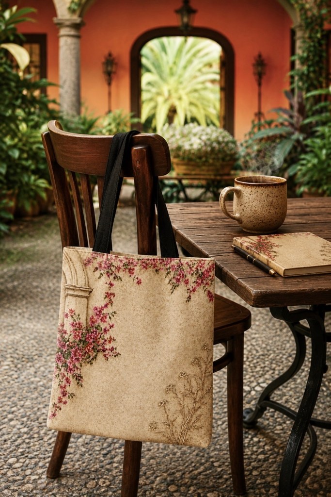 Floral tote bag from the Bougainvillea Writing Collection hanging from a wooden chair beside a rustic hacienda courtyard table with coffee and stationery.
