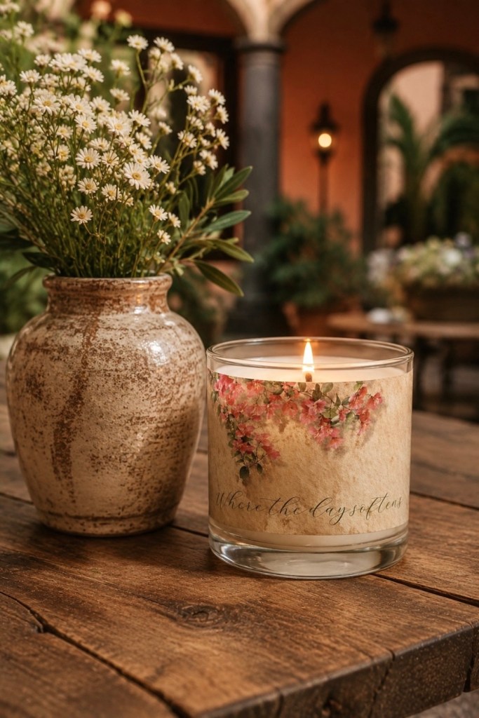 Lit floral candle from the Bougainvillea Writing Collection beside a rustic ceramic vase in a warm hacienda courtyard setting.