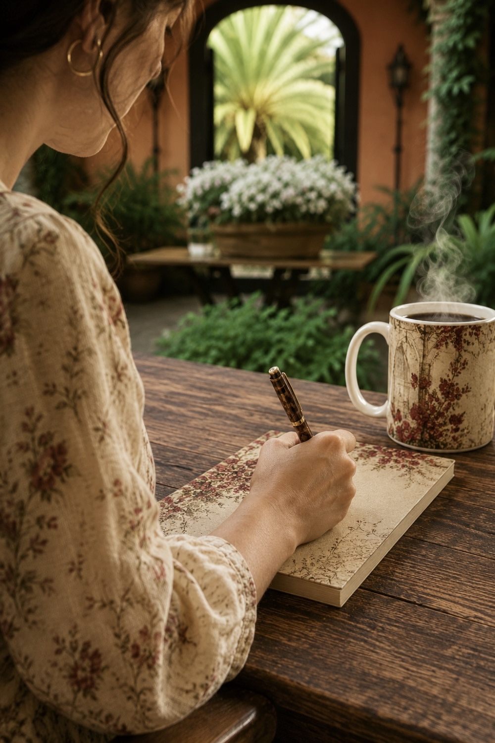 Woman writing in a floral notebook from the Bougainvillea Writing Collection beside a steaming coffee mug in a warm hacienda courtyard.