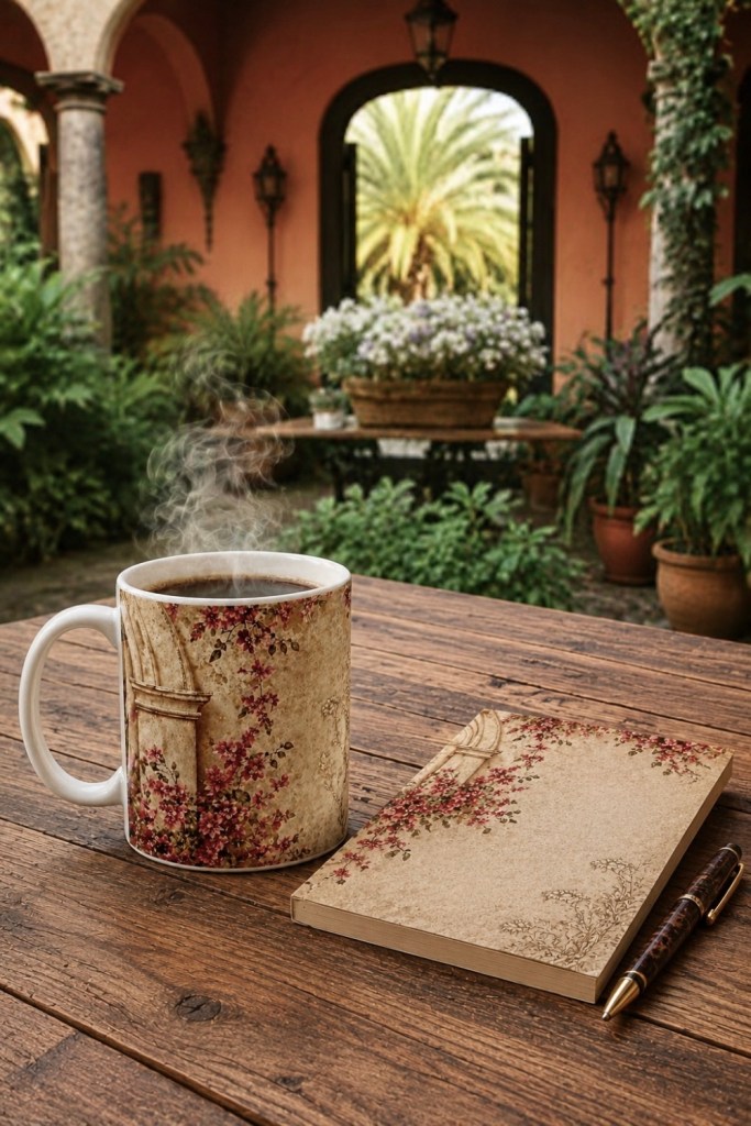 Floral mug and matching notepad from the Bougainvillea Writing Collection on a rustic wooden table in a romantic hacienda courtyard.