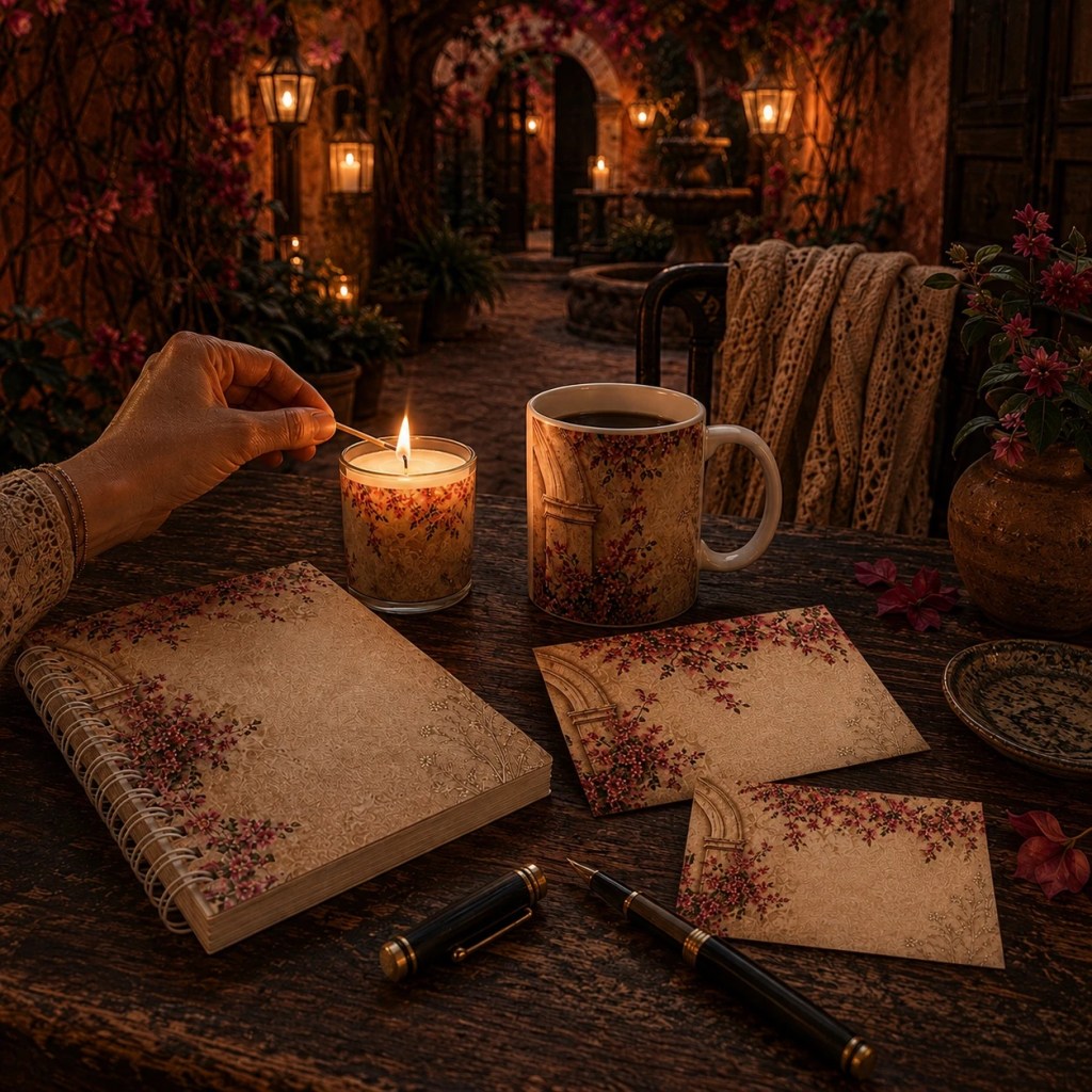 Bougainvillea Writing collection arranged on a rustic wooden table in a candlelit San Miguel de Allende courtyard, featuring a floral notebook, matching stationery, ceramic mug, and candle surrounded by warm lantern light.