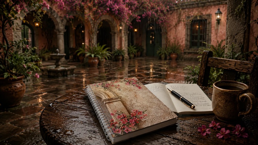 Bougainvillea Writing notebook resting on a rain-soaked wooden table in a romantic San Miguel de Allende hacienda courtyard with open journal, fountain pen, and steaming clay coffee mug.