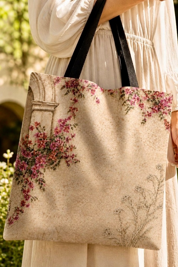 woman carrying Spanish Colonial floral tote bag outdoors in soft natural light