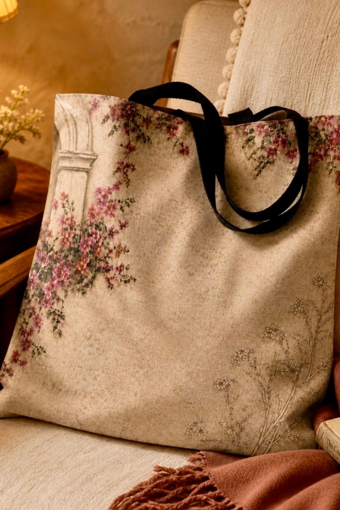 vintage floral tote bag resting on soft chair in warm hacienda interior with neutral tones
