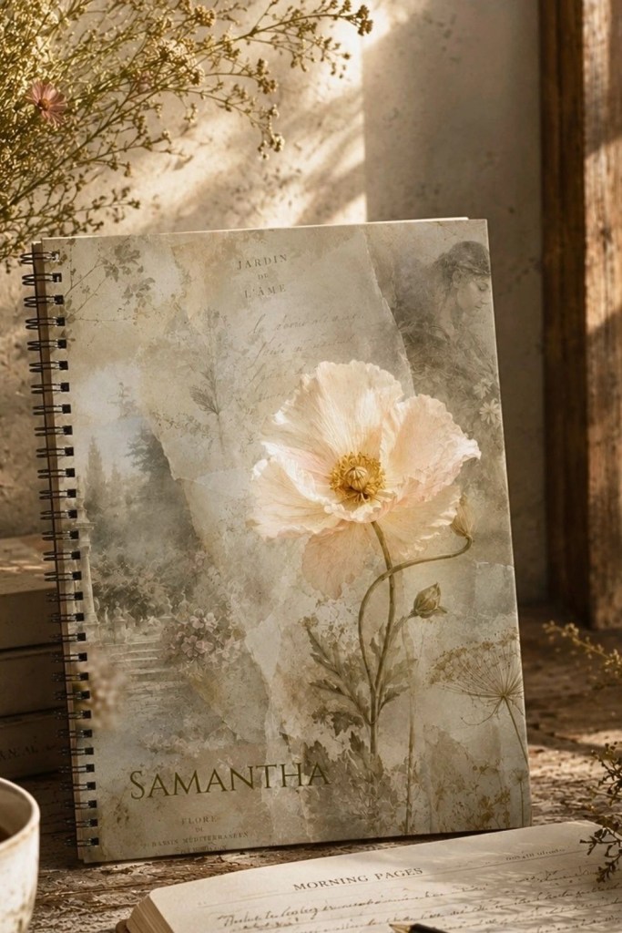 Vintage botanical spiral notebook featuring a soft blush poppy flower design styled in warm Mediterranean morning light with layered antique paper textures.