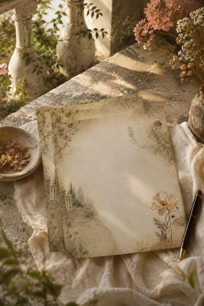 Vintage botanical letterhead paper styled with soft florals, linen fabric, and warm Mediterranean terrace light beside a fountain pen.