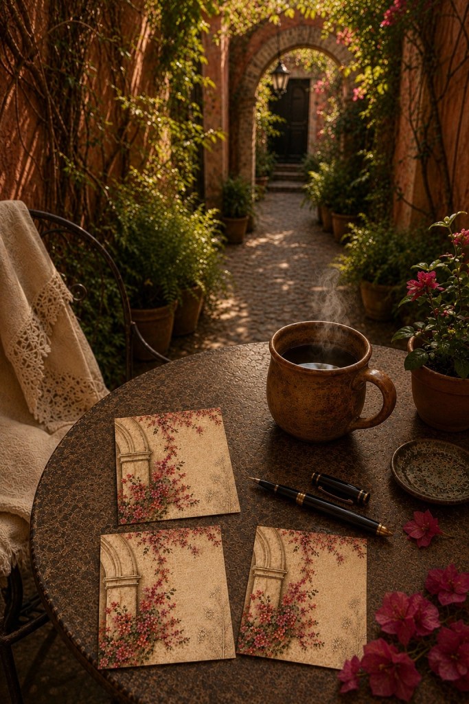 Bougainvillea Writing collection notecards and rustic coffee mug on a small round table in a San Miguel de Allende hacienda garden walkway with warm golden hour light.