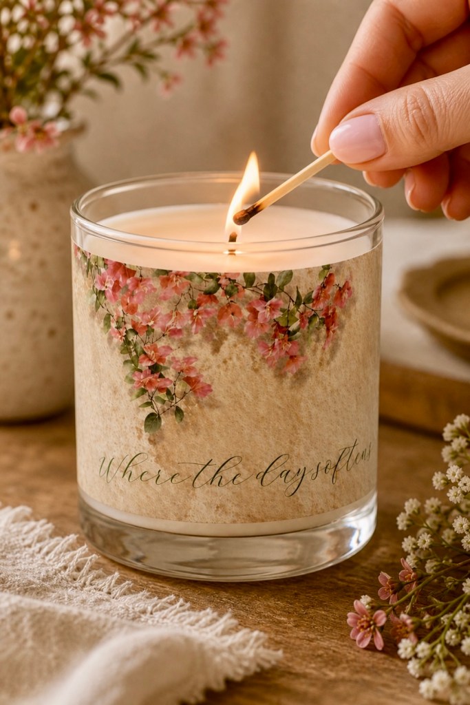 hand lighting Spanish vintage floral candle with match, soft parchment texture and blush flowers, cozy hacienda setting