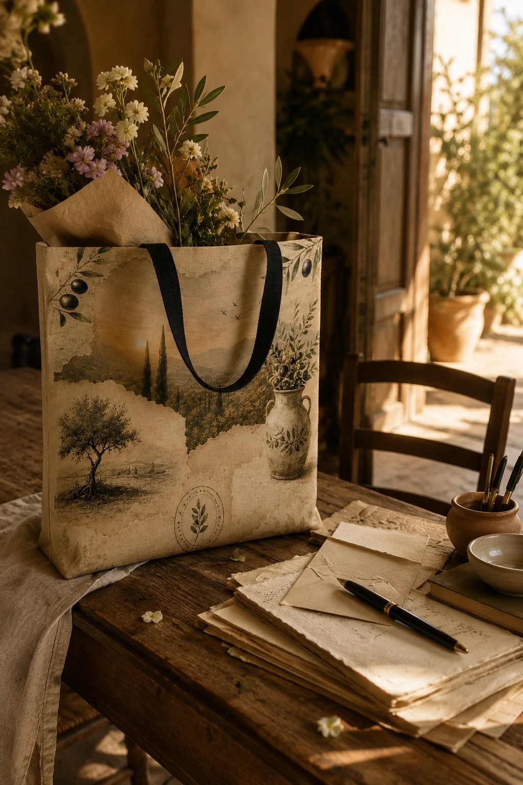 Modern Mediterranean olive grove tote bag styled in a warm hacienda-inspired interior with soft linen, rustic wood, flowers, and golden natural light.