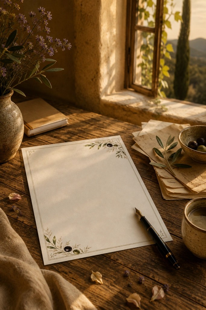 Mediterranean-inspired olive branch letterhead paper styled on a rustic wooden table beside a fountain pen, ceramic cup, and warm golden window light.
