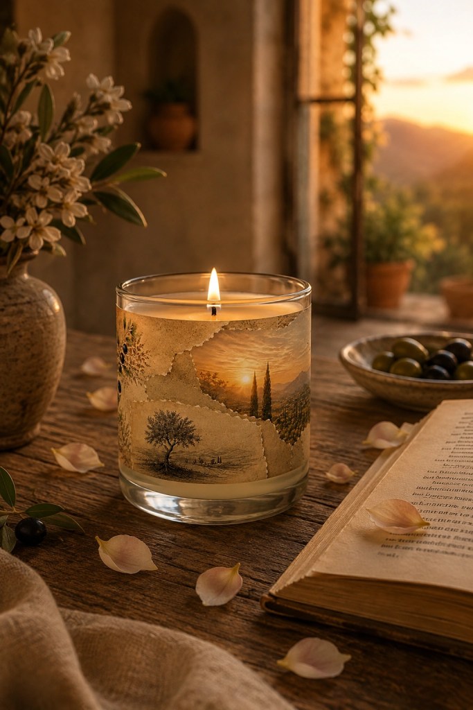 Mediterranean-inspired candle with olive grove landscape artwork glowing on a rustic wooden table beside poetry pages, ceramic olives, linen fabric, and warm sunset window light in a Spanish Revival interior.