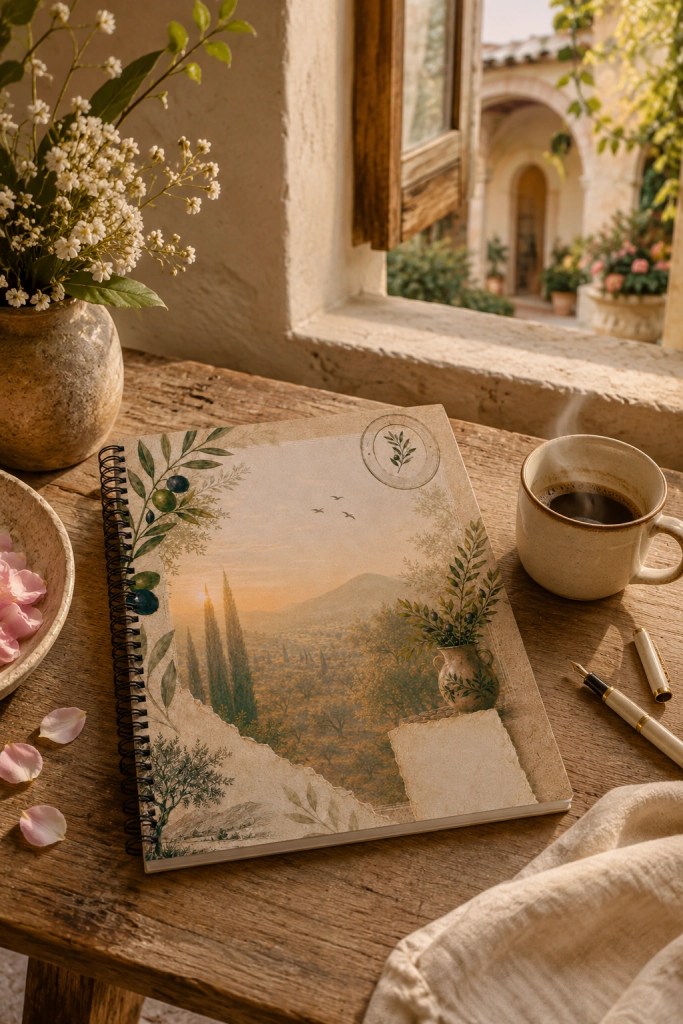 Olive Grove Writing Collection spiral notebook on a rustic wooden table beside steaming coffee in a modern Mediterranean courtyard setting with warm morning light and soft editorial styling.