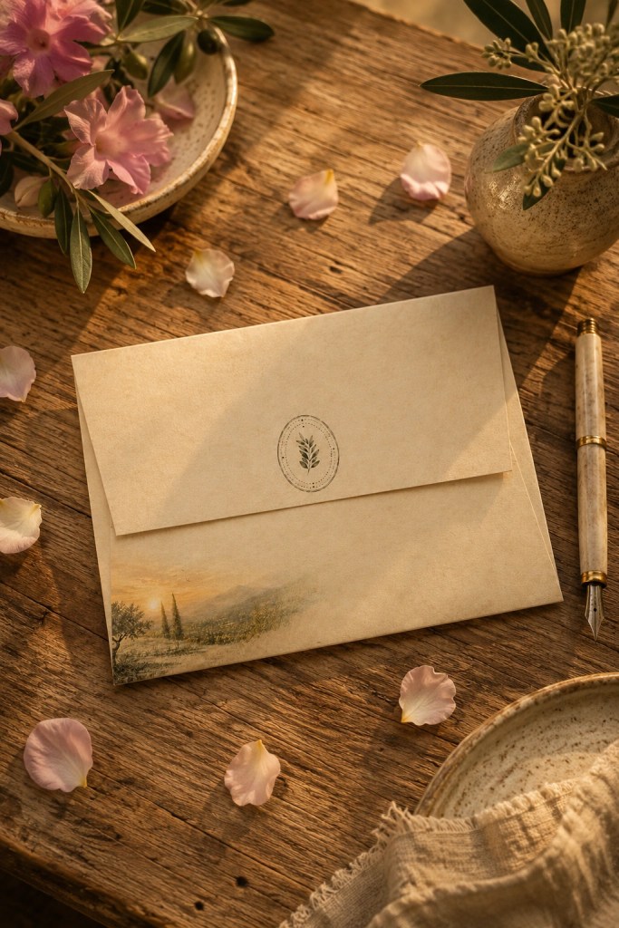 Olive Grove Writing Collection envelope styled on a rustic wooden table with flower petals and a fountain pen in warm Mediterranean sunset light.