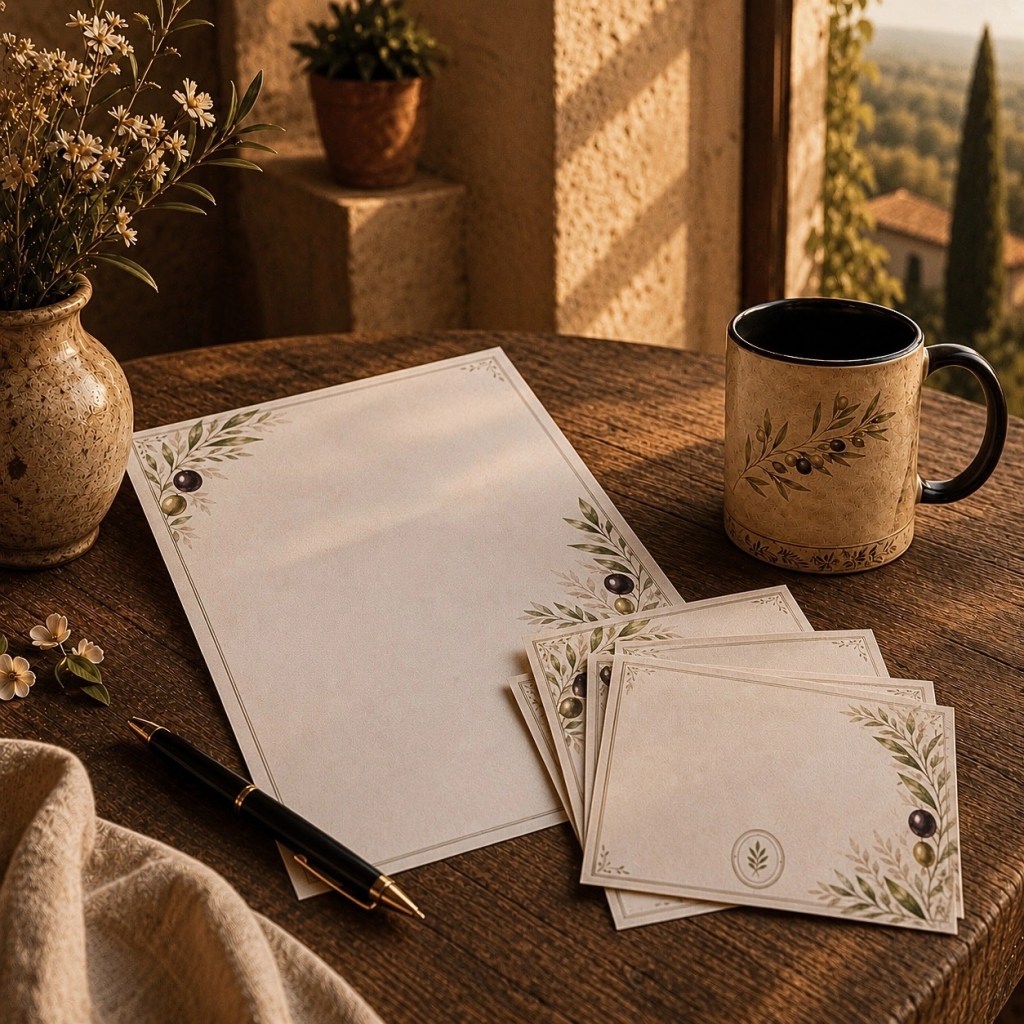 Modern Mediterranean letter writing scene with olive branch stationery note cards and ceramic mug on a rustic wooden table during golden hour at The Hacienda Paperie.