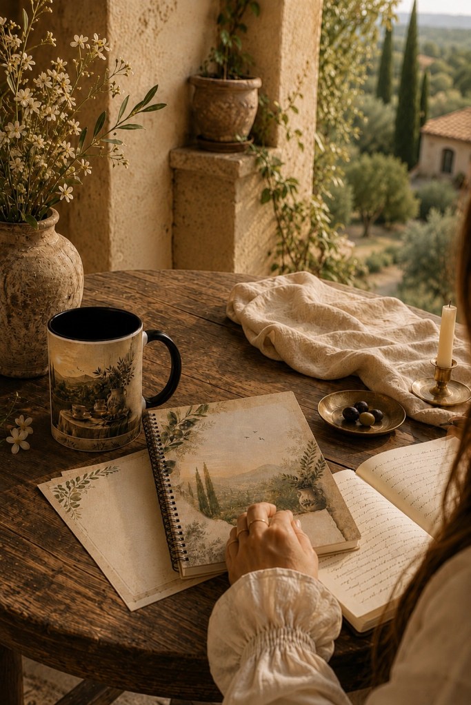 Modern Mediterranean writing scene featuring The Hacienda Paperie olive grove notebook and ceramic mug on a rustic wooden table during golden hour with handwritten journal pages and soft linen textures.