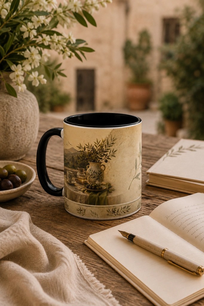 Olive Grove Writing Collection ceramic mug on a rustic wooden table beside an open journal and fountain pen in a calm Mediterranean courtyard setting.