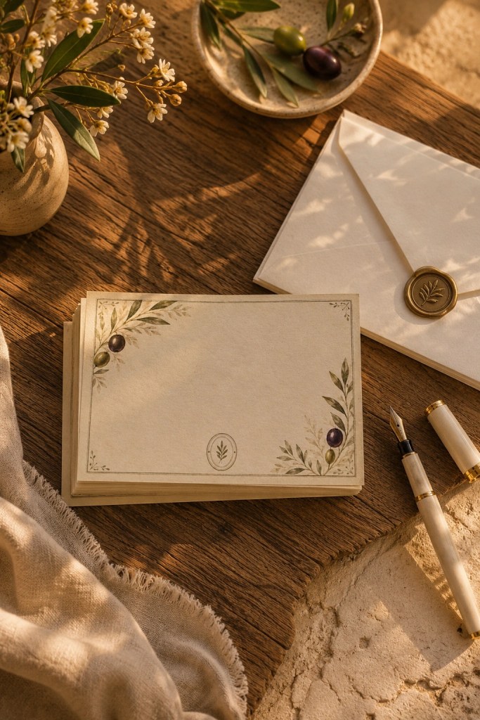 Olive Grove Writing Collection note cards arranged on a rustic wooden table beside a fountain pen and envelopes in warm Mediterranean sunset light.