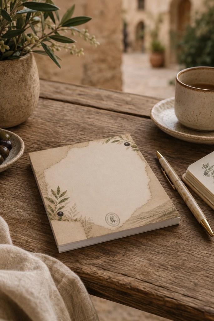 Olive Grove Writing Collection notepad on a rustic wooden outdoor table beside coffee and a pen in a modern Mediterranean courtyard setting with soft overcast morning light.