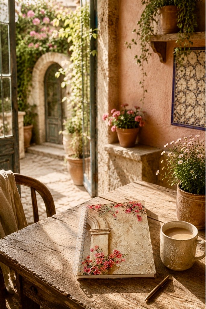 Romantic hacienda-inspired writing collection featuring a floral notebook, textured mug, and rustic morning desk in a sunlit courtyard setting