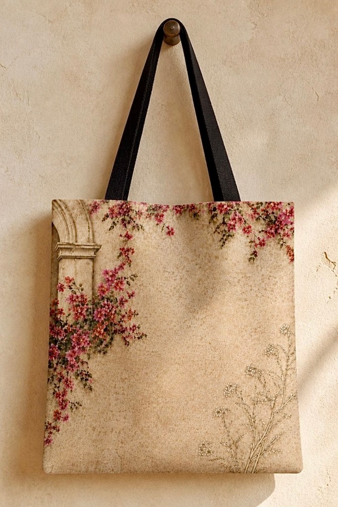 floral rustic tote bag hanging against neutral textured wall showing full design