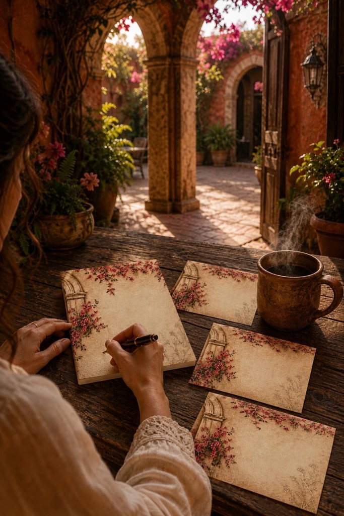 Woman writing morning letters with floral notepad and matching envelopes in a San Miguel de Allende hacienda courtyard beside steaming coffee.