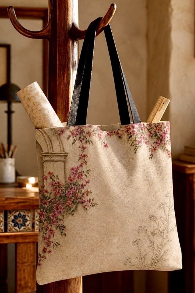 Spanish Colonial floral rustic tote bag hanging on wooden coat rack in warm hacienda home office
