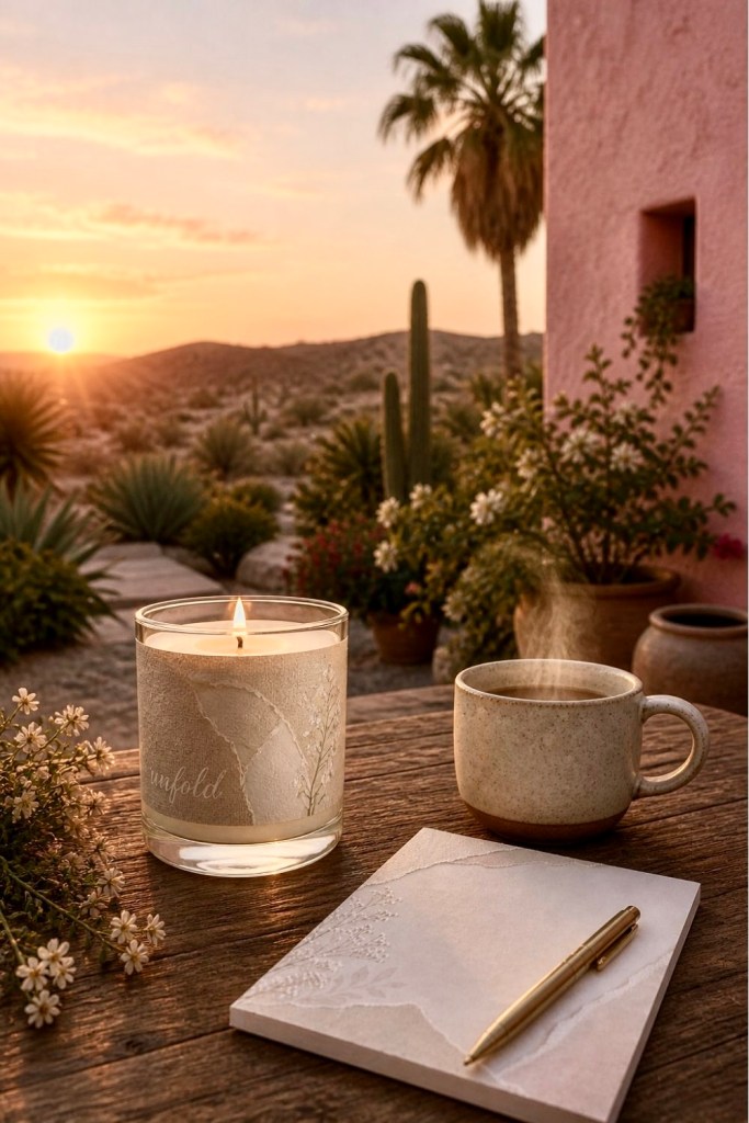 Lit neutral candle with “unfold” design on a rustic table at sunset, beside a steaming mug and notepad, with desert plants and a pink hacienda wall in the background