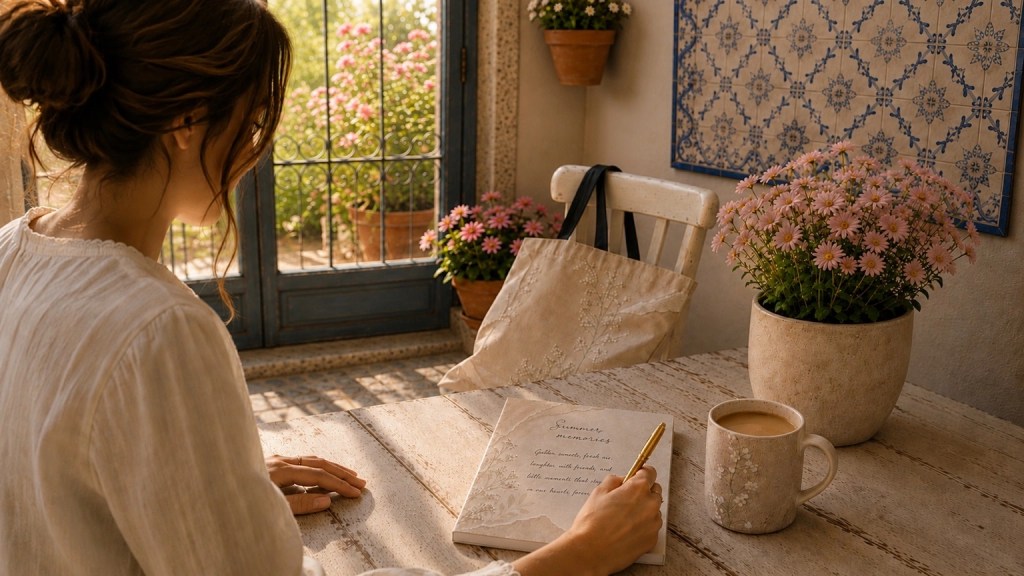Woman writing at a rustic hacienda table beside a floral notebook and coffee in warm Mediterranean morning light.